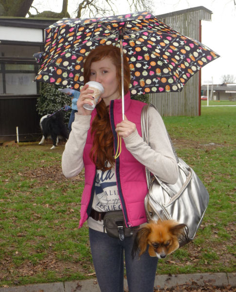 This entrant had it sorted – umbrella, dog bag and coffee!